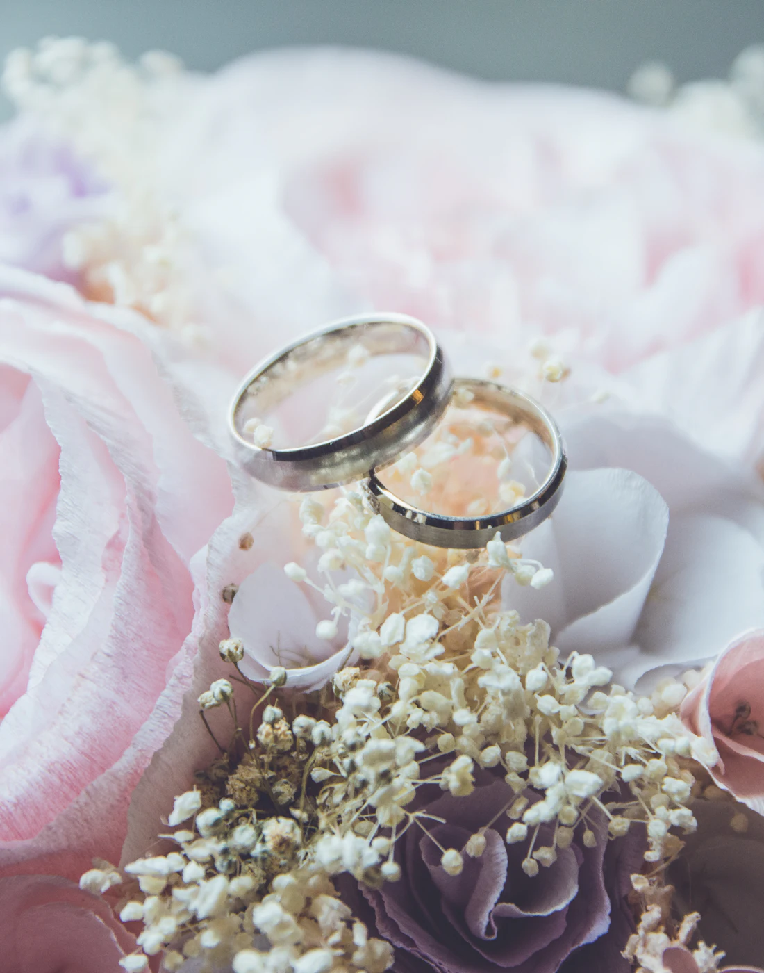 Wedding bands resting on pale pink and white flowers
